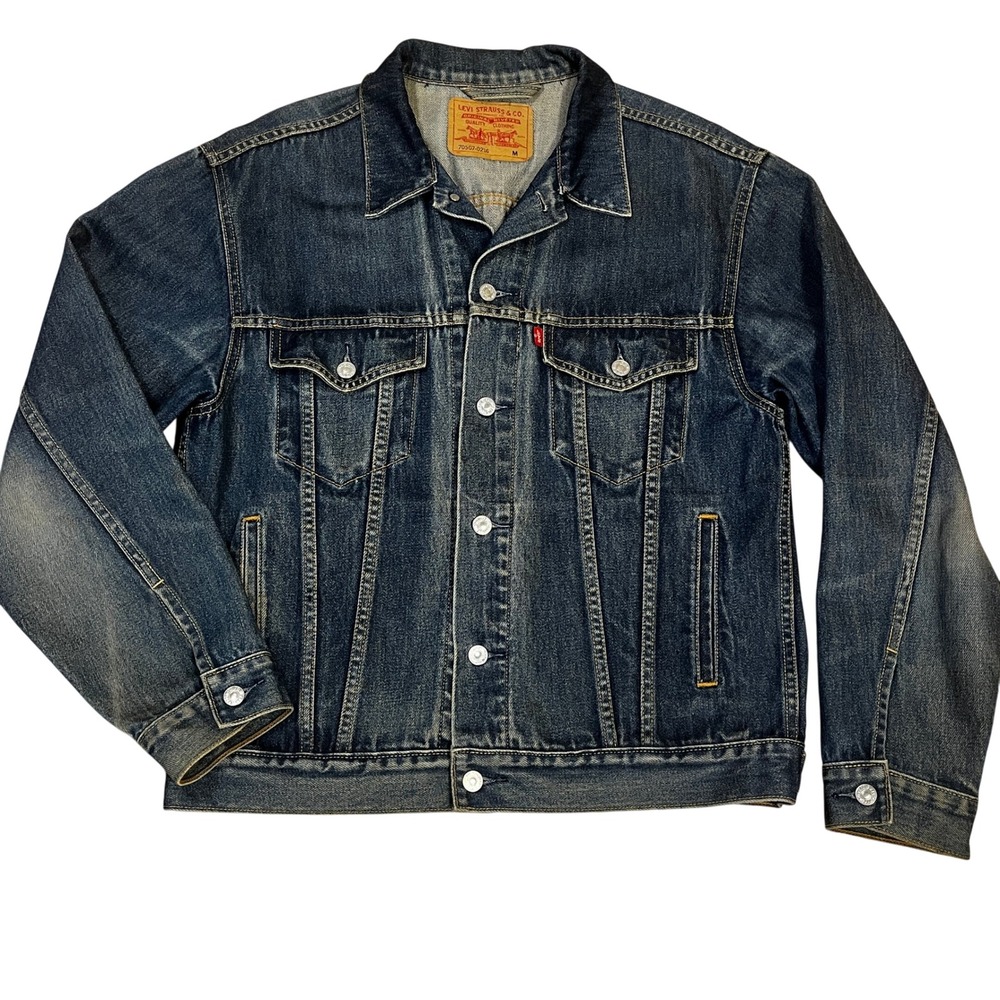 Vintage 90s Levis Mens Dark Wash Blue Denim Trucker Jacket M 4-Pocket 70507-0216